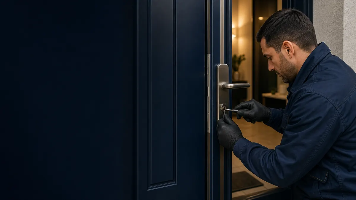 Serrurier professionnel en intervention sur une porte